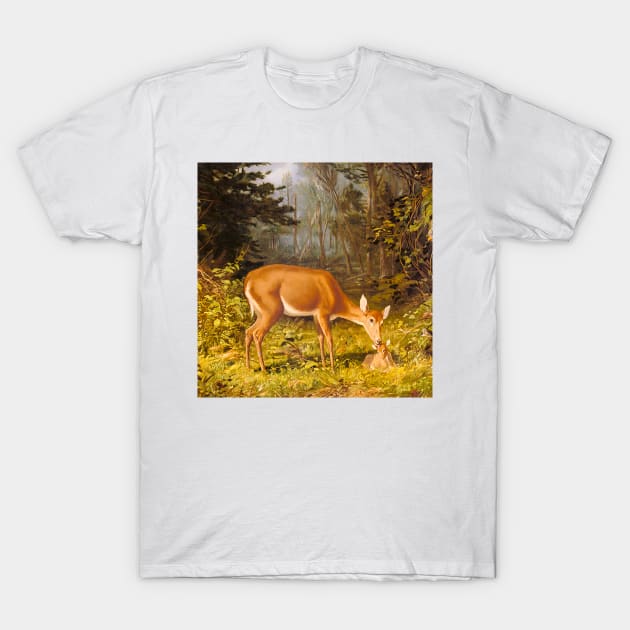 Deer and calf in nature. Colorful, vintage painting T-Shirt by Marccelus